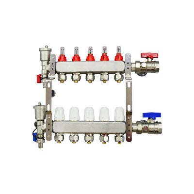 Stainless Steel Radiant Floor Heating Set (1/2" Floor Manifold with Flow Meters 2-12 Loop Configuration (5 Branches)