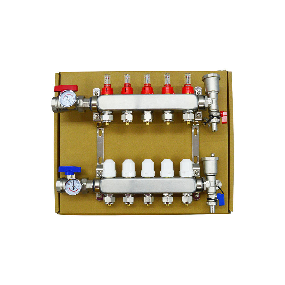 Stainless Steel Radiant Floor Heating Set (1/2" Floor Manifold with Flow Meters 2-12 Loop Configuration (5 Branches)