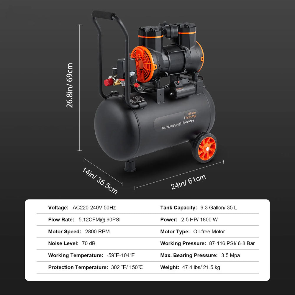 Leiser Luftkompressor, 900 W, 1450 W, 1800 W, leise, ölfreie, tragbare Luftpumpe für die Reparatur zu Hause, Reifenbefüllung, Flüsterkompressor