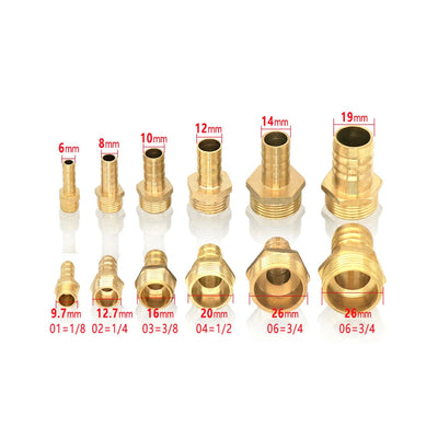 Brass Water Pipe Fittings: Pagoda Connector with Hose Barb Tail, Thread Options: 1/8", 1/4", 3/8", 1/2" BSP, Hose Barb Sizes: 6mm, 8mm, 10mm, 12mm, 14mm