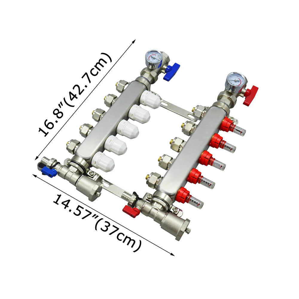 Stainless Steel Radiant Floor Heating Set (1/2" Floor Manifold with Flow Meters 2-12 Loop Configuration (5 Branches)