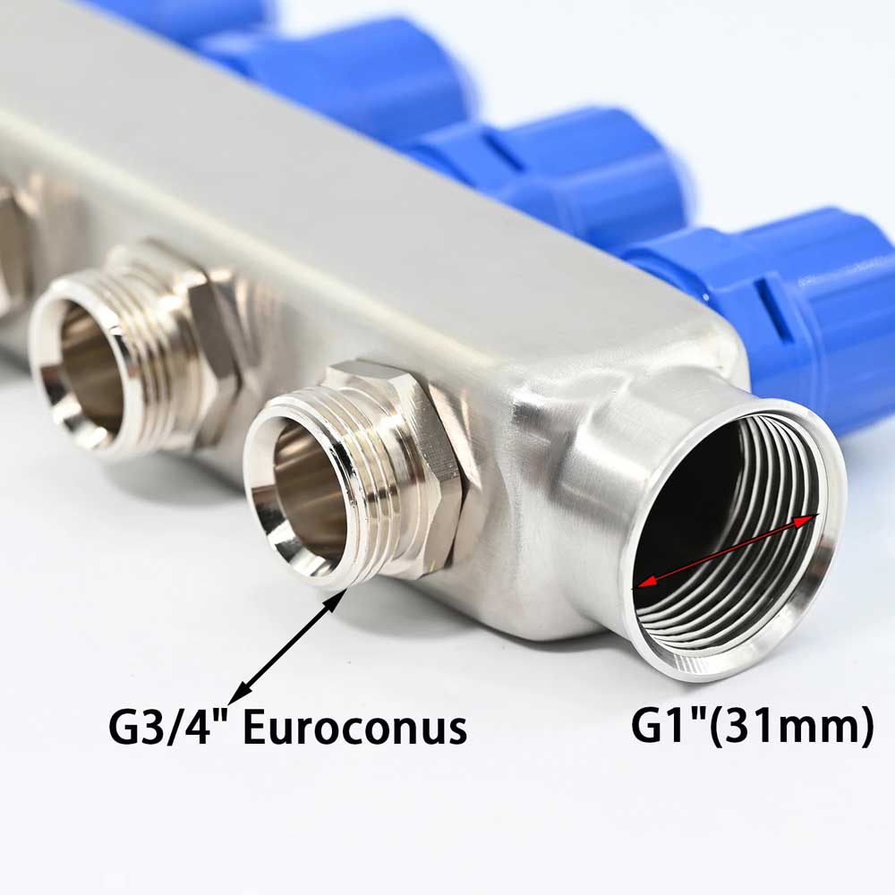 Edelstahl AISI304 Verteiler für Fußbodenheizung, mit Durchflussmesser und Rücklaufverteiler mit Thermostatschraube G1"*50MM