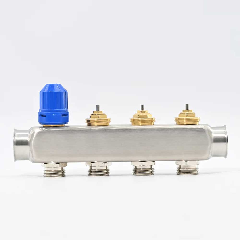 Edelstahl AISI304 Verteiler für Fußbodenheizung, mit Durchflussmesser und Rücklaufverteiler mit Thermostatschraube G1"*50MM
