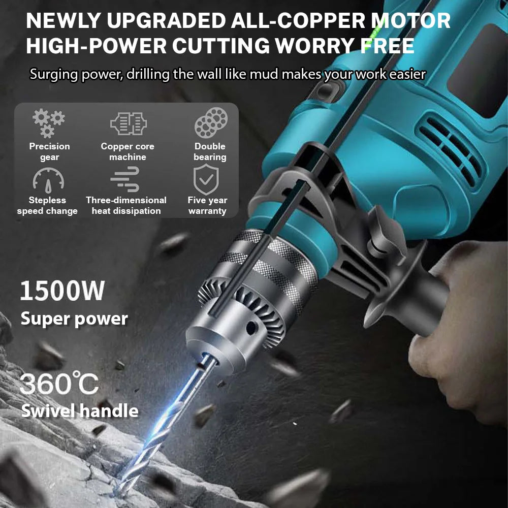 Leistungsstarker elektrischer Schlagbohrer mit 1500 W, 220 V, für Holz, Metall, Stein und Heimwerkerprojekte