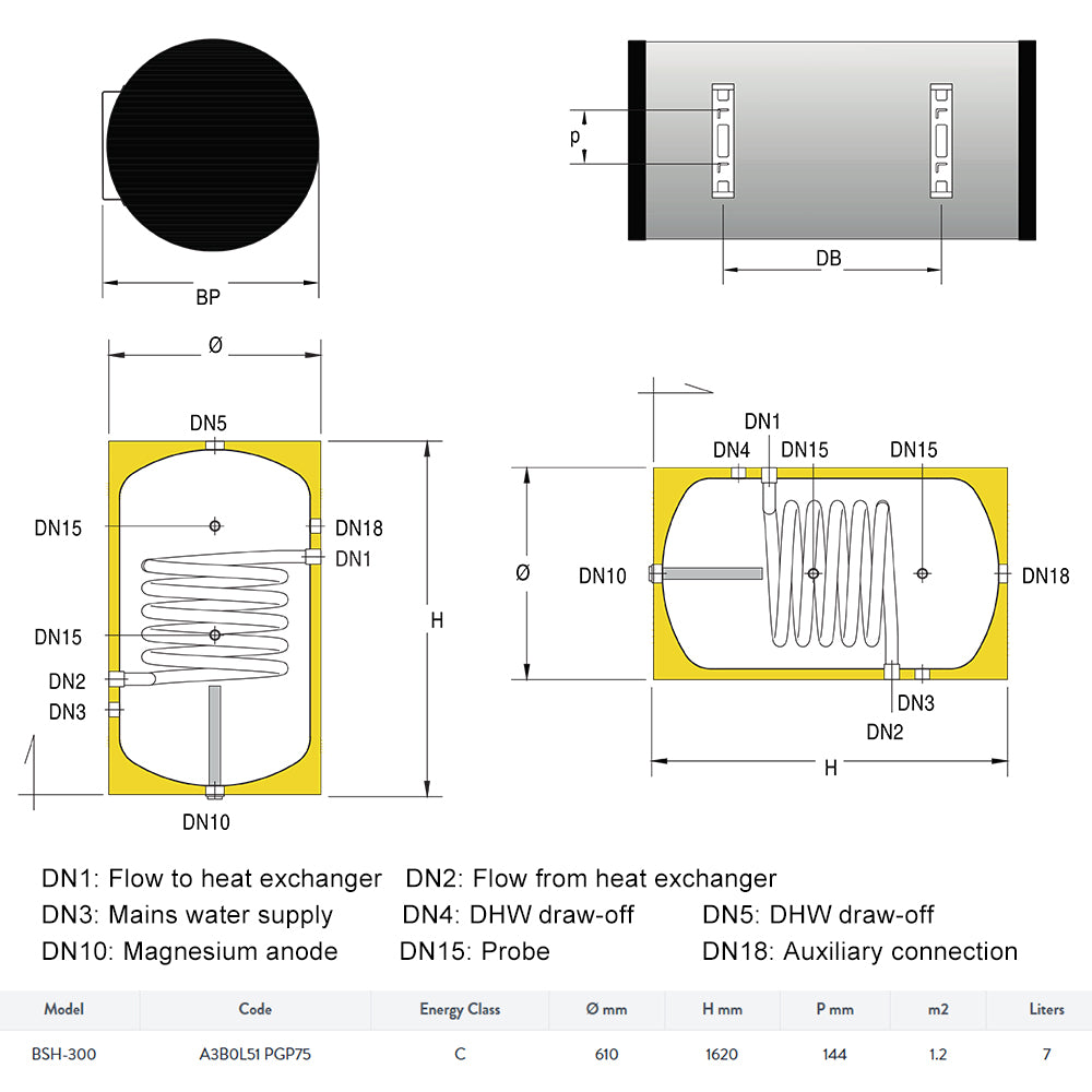 Buffer tank with wall exchanger 300L