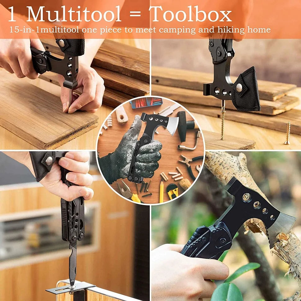 15-in-1 Camping Taschen-Multitool: Messer, Axt, Hammer, Zange &amp; mehr