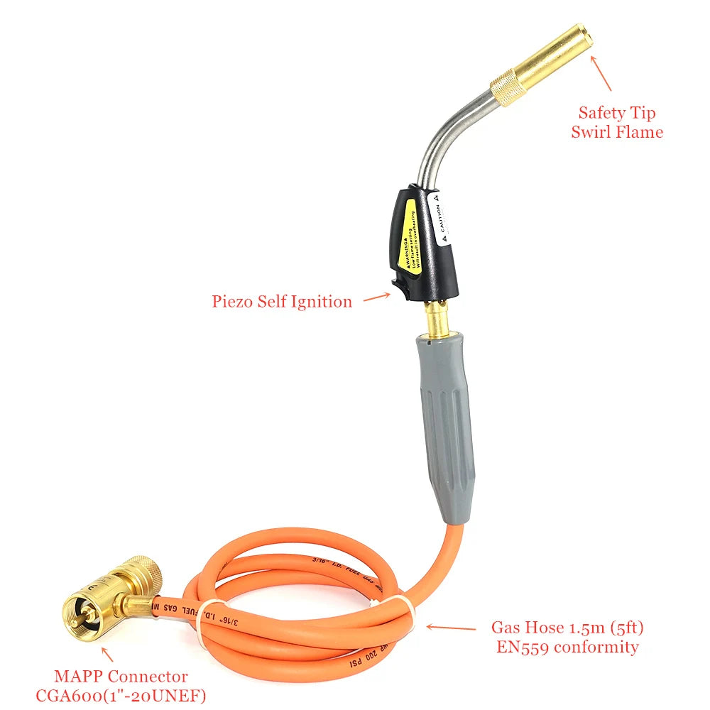 Soplete de Soldadura con Gas Mapp con Manguera de 1.5m, Encendido Piezoeléctrico, Conexión CGA600 - Ideal para Soldadura Fuerte, BBQ, HVAC, Fontanería y Calefacción.