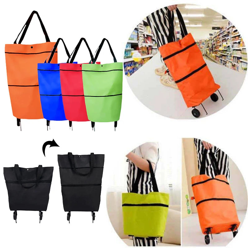 Chariot de courses pliable 2 en 1 avec roulettes – Organisateur de sac pliable à fermeture éclair en deux étapes