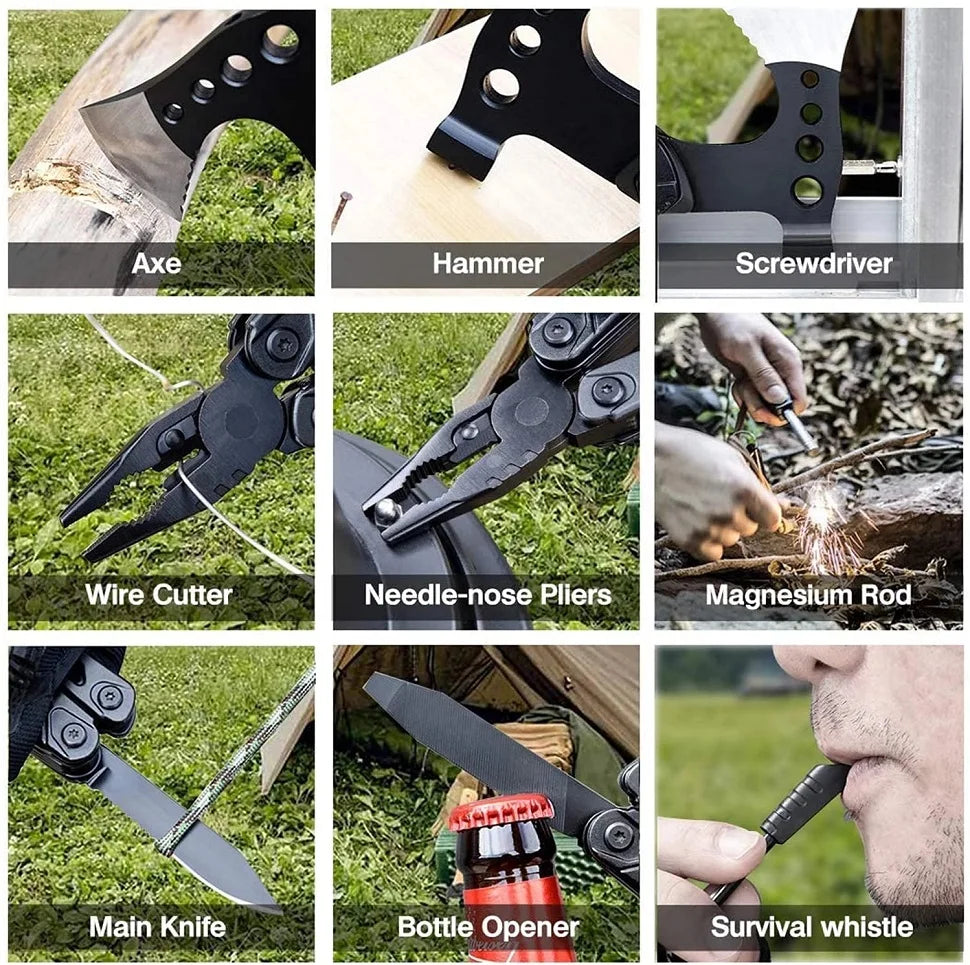 15-in-1 Camping Taschen-Multitool: Messer, Axt, Hammer, Zange &amp; mehr