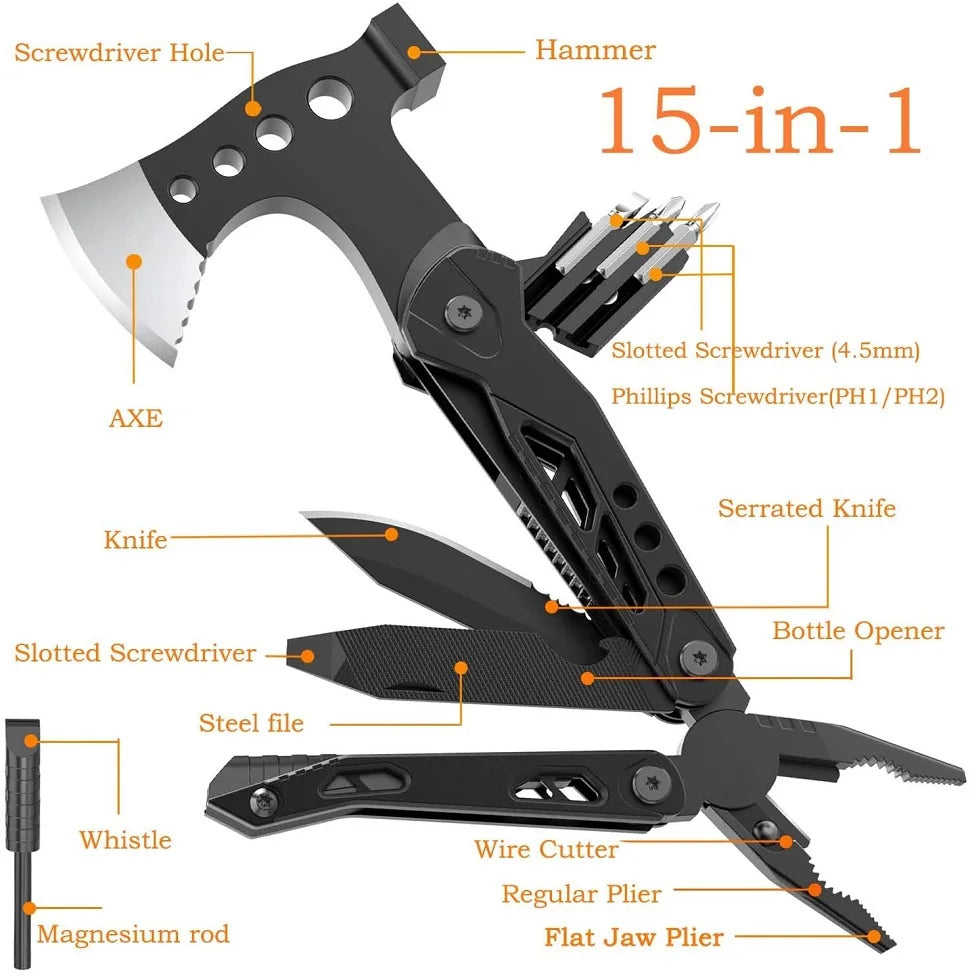 15-in-1 Camping Taschen-Multitool: Messer, Axt, Hammer, Zange &amp; mehr