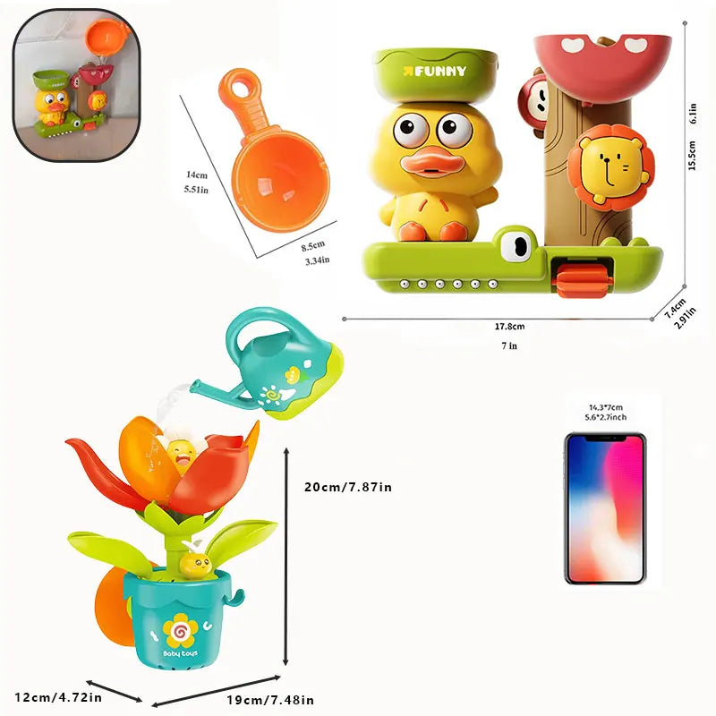 Duck & Flower Waterwheel Bath Toy with Suction Cup for Kids 0-12 Years