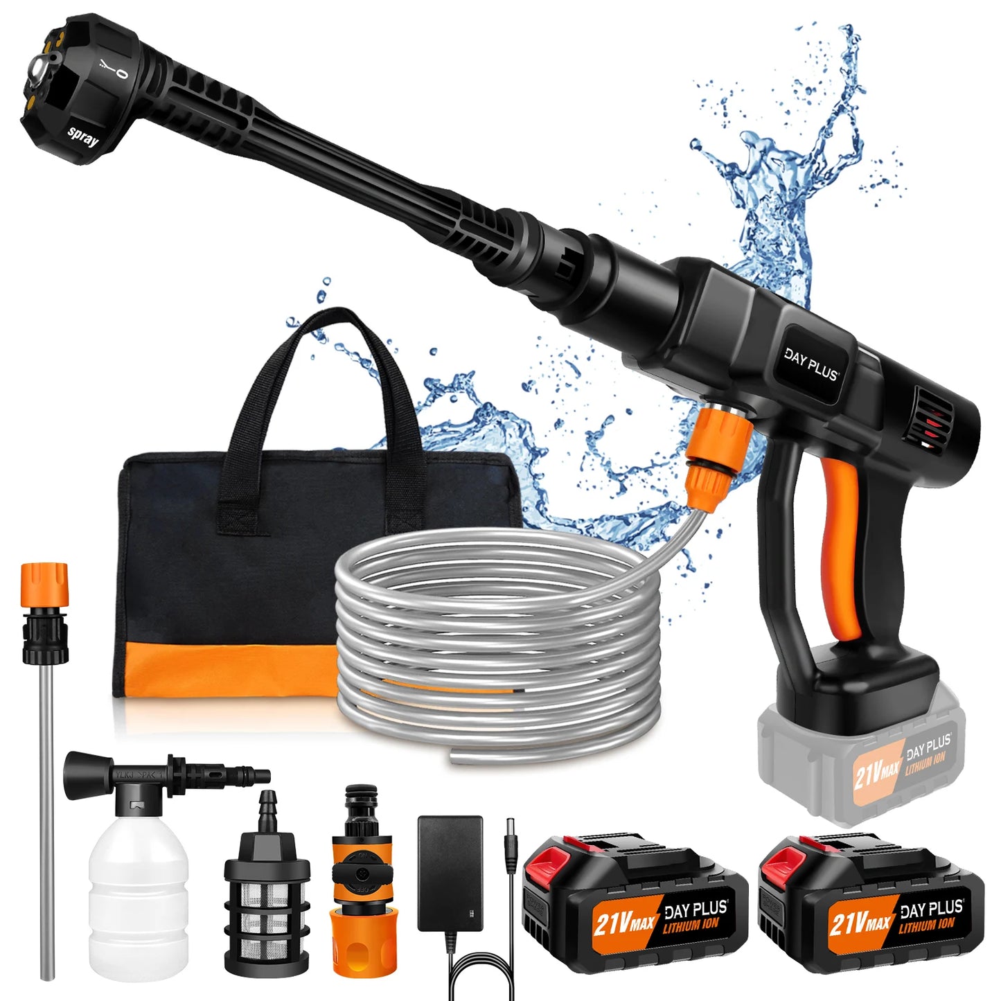 21V 3000mAh Cordless High-Pressure Car Washer with 6-in-1 Nozzle, 150Bar/2000PSI, 270L/H Flow Rate