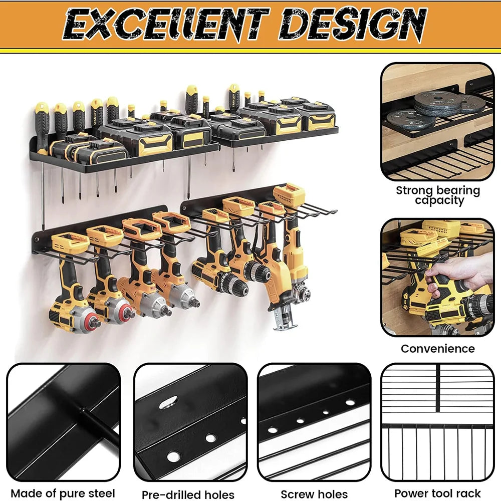 Porte-outils mural robuste pour outils électriques en pack de 2, ensemble de rangement mural pour perceuse et tournevis, pour atelier/garage