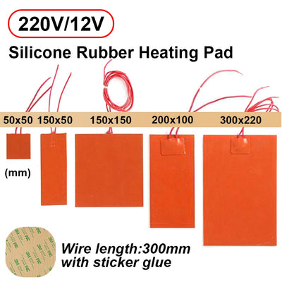 12V 220V Silicone Rubber Heating Pad Flat Heater Band Square Heated Bed Flexible Waterproof 3D Printer Glue Sticker Adhesive