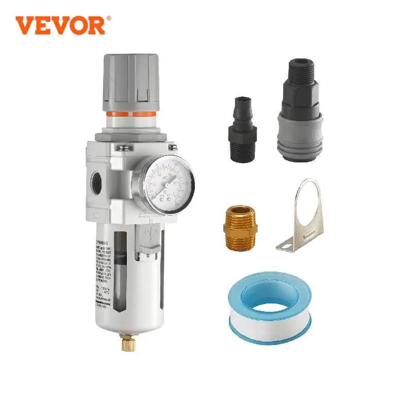 VEVOR Filtr kompresora powietrza 1/2" Jednostopniowy Półautomatyczny Osuszacz powietrza Separator wody z mosiężnym elementem filtrującym Regulator ciśnienia