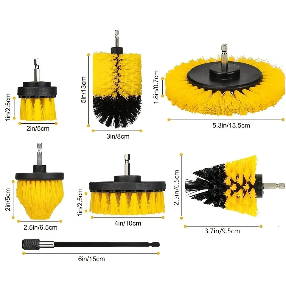 7-Piece Drill Brush Attachment Set, Cleaning Brush Tool Kit, Multi-Purpose Drill Brush with Extension Pole for Floor, Automotive
