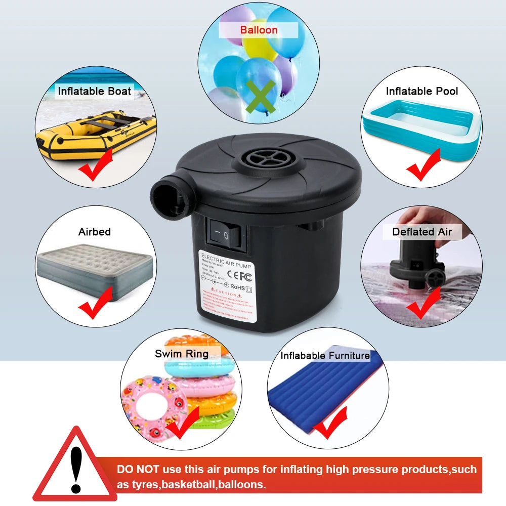 Tragbare elektrische Luftpumpe 160 W AC/DC zum Aufpumpen/Entleeren von Luftmatratzen, Schlauchbooten, Schwimmbecken und Campingausrüstung