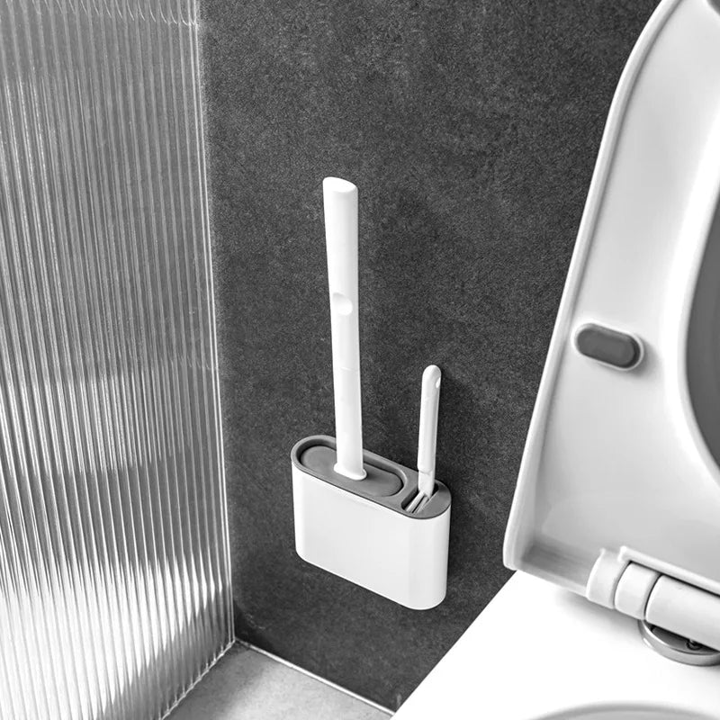 Toilettenbürste aus Silikon, Reinigungsbürste, flacher Kopf, flexibel, zur Wandmontage, Toilettenschüssel-Reiniger, Bürstenhalter-Set für WC, Badezimmer
