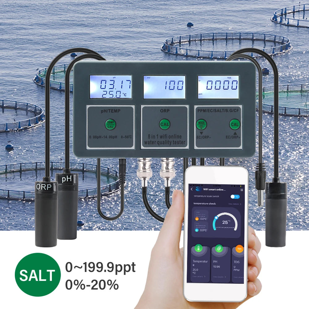Tester de Calidad de Agua 8 en 1 Tuya WiFi S.G/PH/EC/ORP/TDS/CF/SAL/TEMP Analizador de Medición Detector de Calidad de Agua DIY Monitor de Agua con Retroiluminación LCD