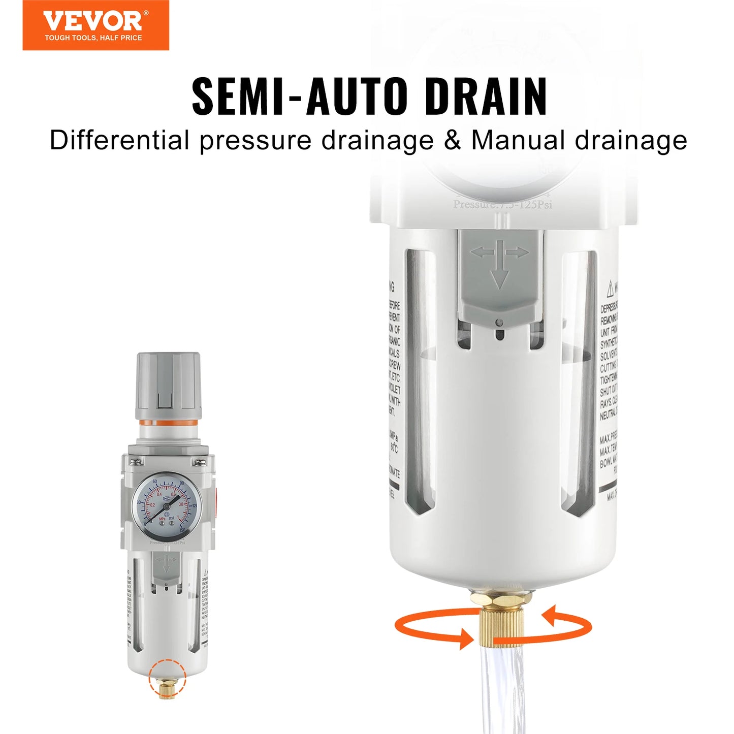 VEVOR Filtr kompresora powietrza 1/2" Jednostopniowy Półautomatyczny Osuszacz powietrza Separator wody z mosiężnym elementem filtrującym Regulator ciśnienia