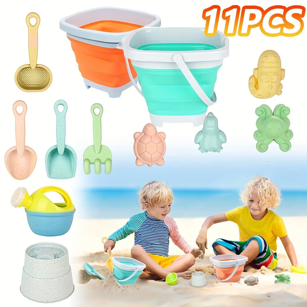 11-Piece Beach Sand Toy Set with Collapsible Bucket