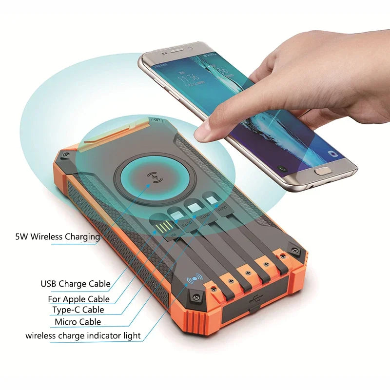 10000/20000mAh Wireless Solar Power Bank with LED Light&Cables-Waterproof/Shockproof