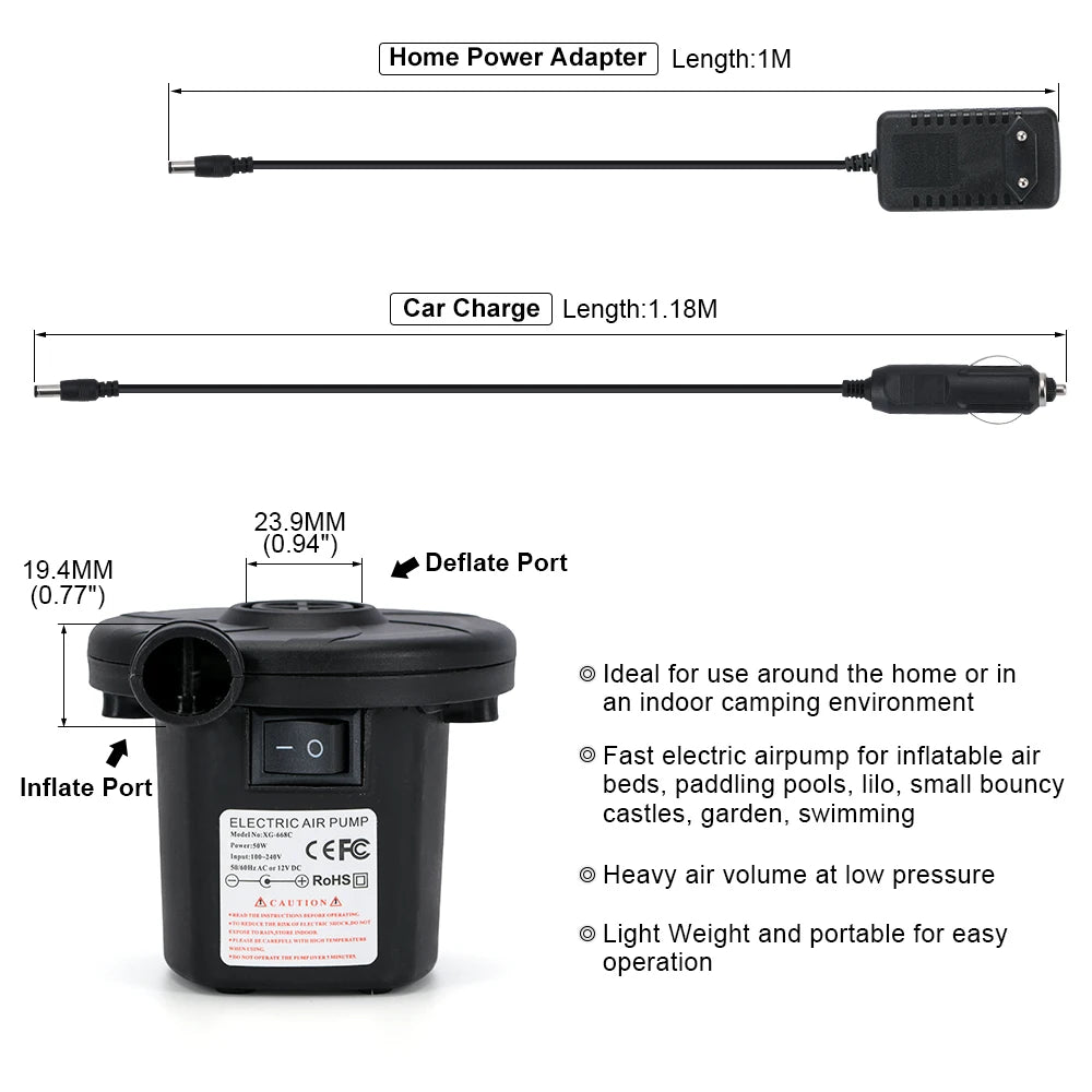 Tragbare elektrische Luftpumpe 160 W AC/DC zum Aufpumpen/Entleeren von Luftmatratzen, Schlauchbooten, Schwimmbecken und Campingausrüstung