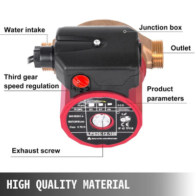 Water Circulation Pump Water Pressure Booster Pump 50L/min 3-Speed Control for Hot Water Circulating Warm, Shower & Garden