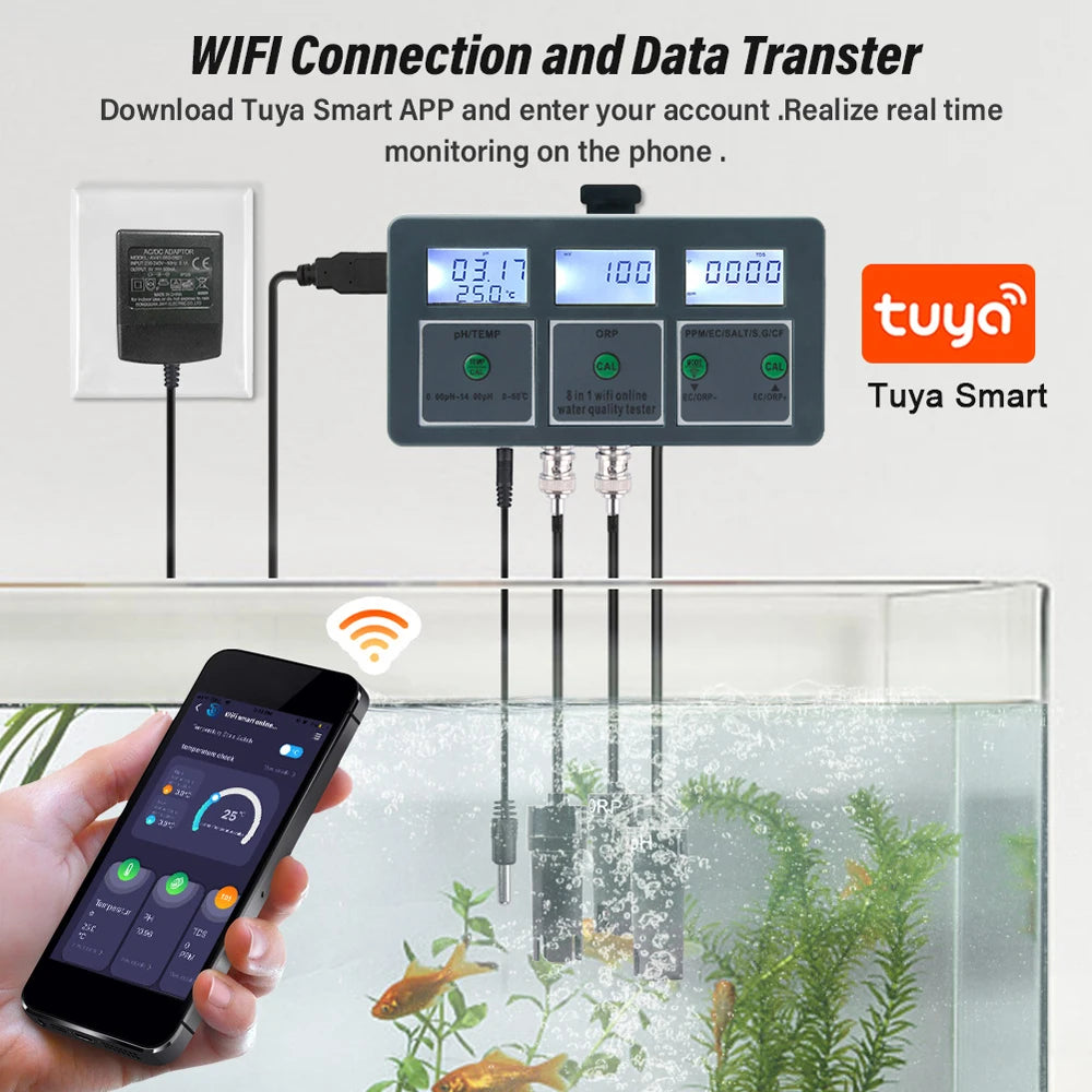 Tester de Calidad de Agua 8 en 1 Tuya WiFi S.G/PH/EC/ORP/TDS/CF/SAL/TEMP Analizador de Medición Detector de Calidad de Agua DIY Monitor de Agua con Retroiluminación LCD