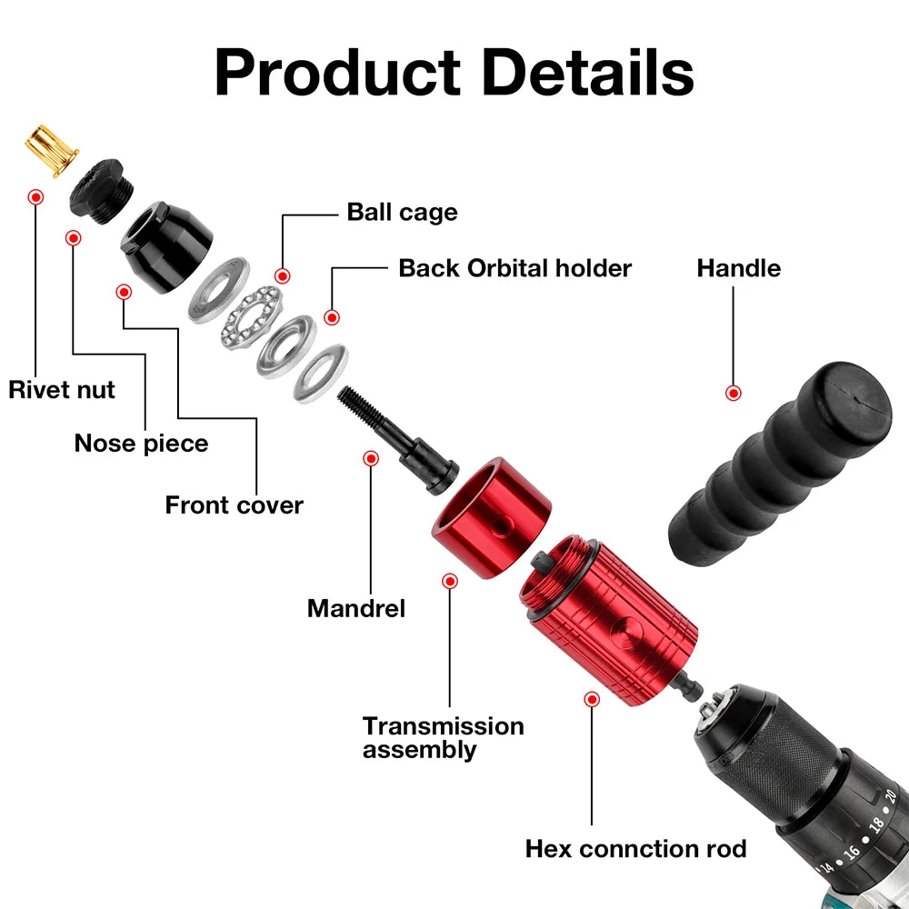 Convertidor de Pistola de Remaches Eléctrica de Grado Industrial para Bricolaje para Remachado de Tuercas M3 M4 M5 M6 M8