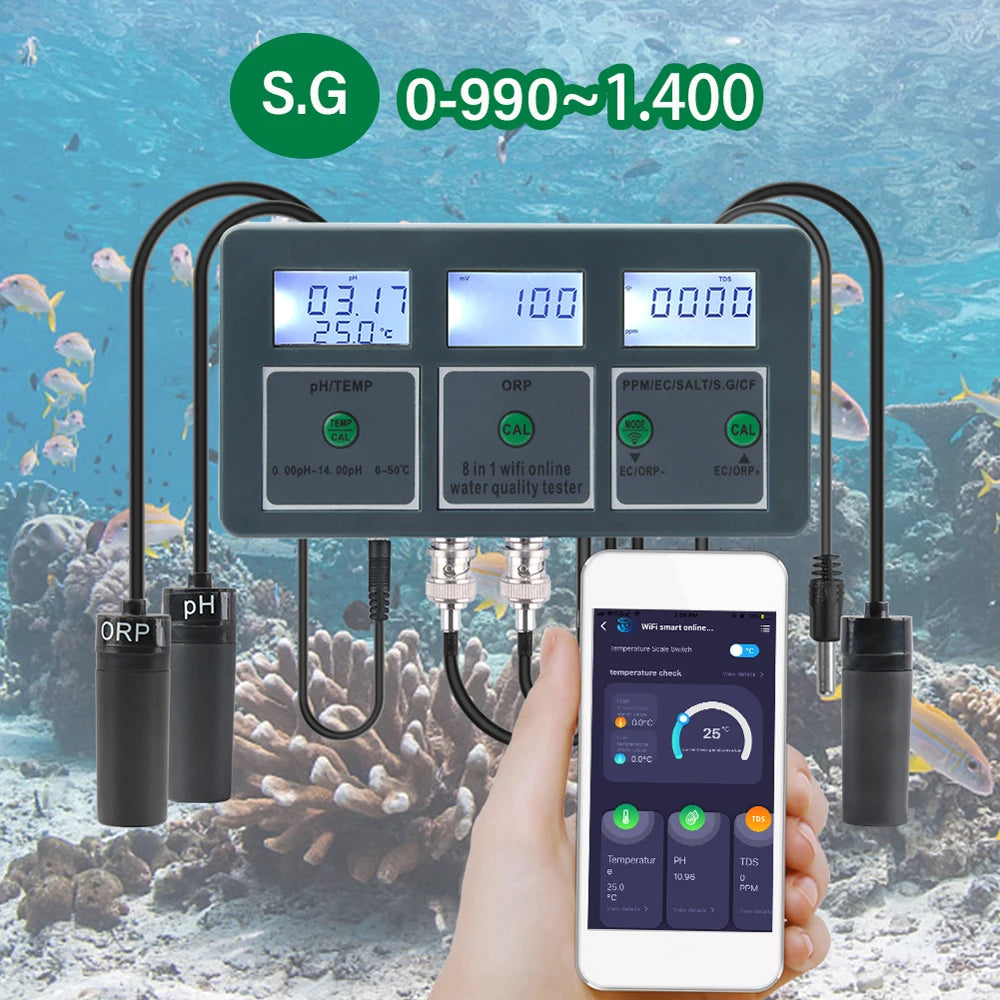 Tester de Calidad de Agua 8 en 1 Tuya WiFi S.G/PH/EC/ORP/TDS/CF/SAL/TEMP Analizador de Medición Detector de Calidad de Agua DIY Monitor de Agua con Retroiluminación LCD