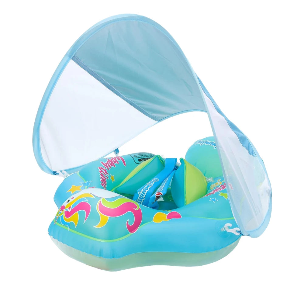 Baby Swimming Float with Sun Canopy Infant Swim Ring for Toddlers Bath Pool Inflatable Swim Trainer Summer Toy