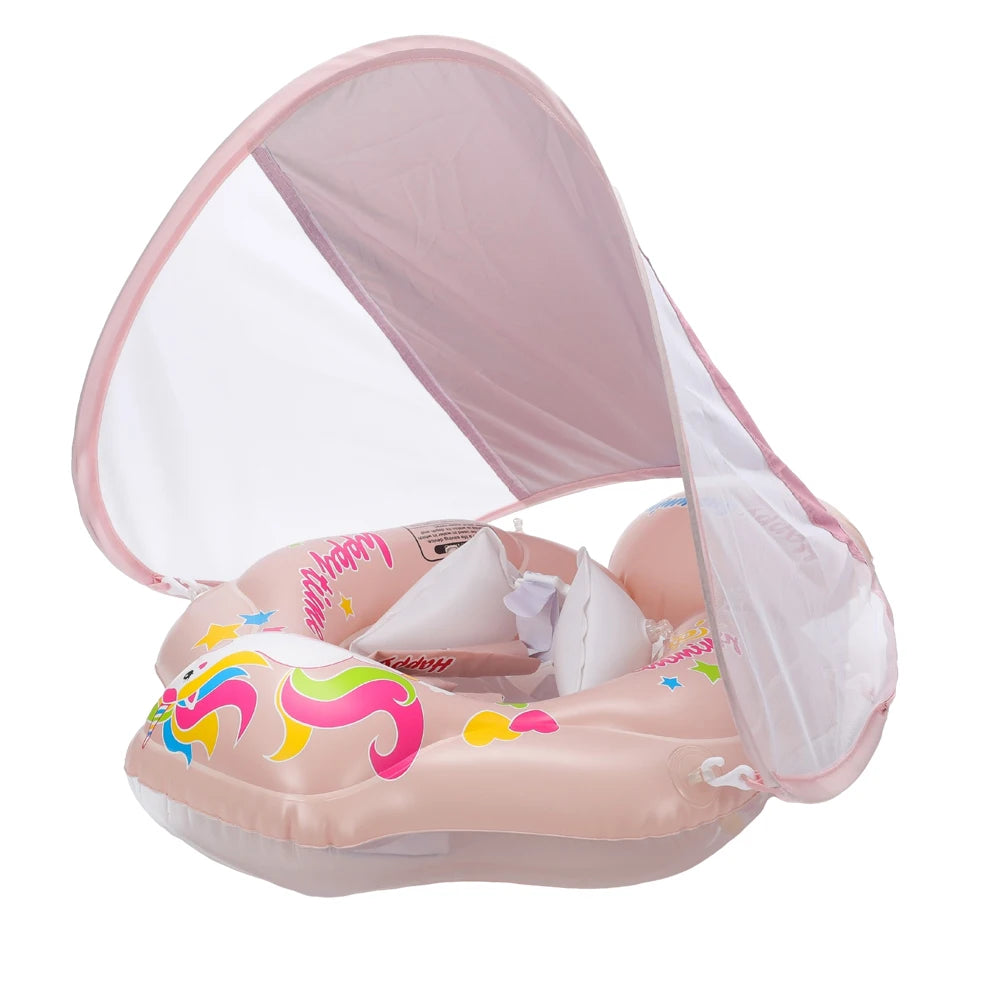 Baby Swimming Float with Sun Canopy Infant Swim Ring for Toddlers Bath Pool Inflatable Swim Trainer Summer Toy