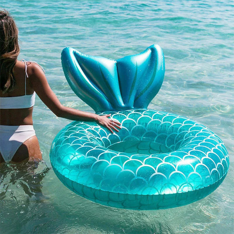 Anillo inflable de sirena con respaldo, flotador para piscina para adultos, adolescentes y niños, tubo para juegos acuáticos, colchoneta para nadar y juguetes para piscina.