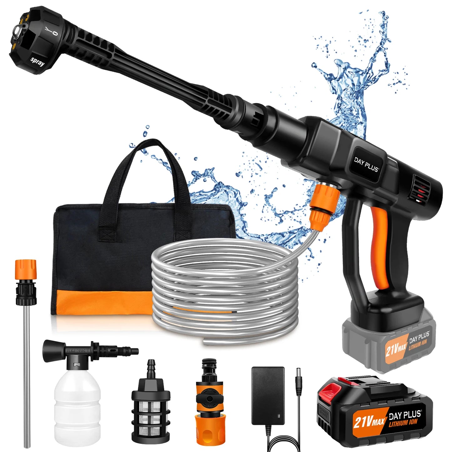 21V 3000mAh Cordless High-Pressure Car Washer with 6-in-1 Nozzle, 150Bar/2000PSI, 270L/H Flow Rate