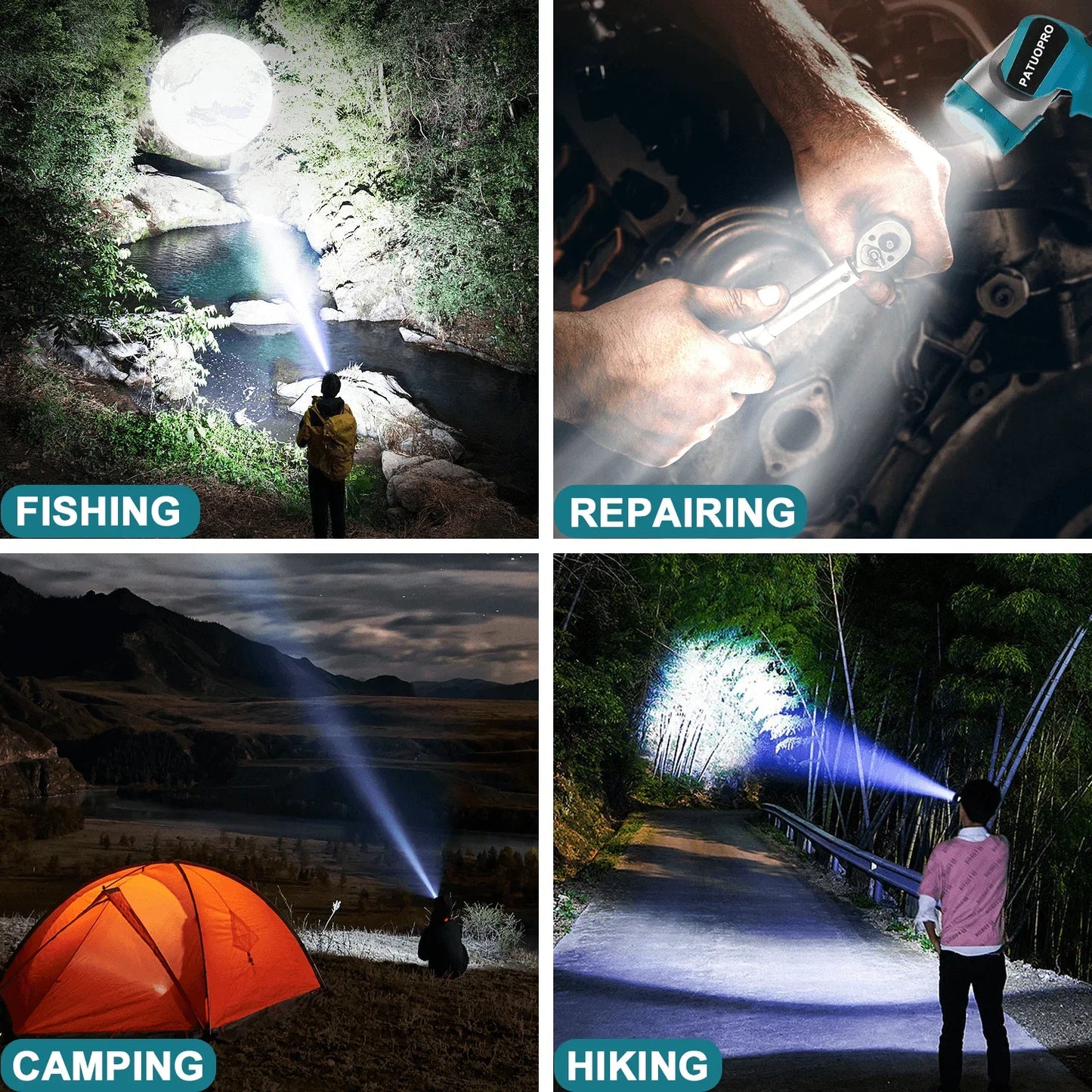 Foco LED Ajustable: Linterna Recargable Portátil para Uso en Exteriores y Reparaciones