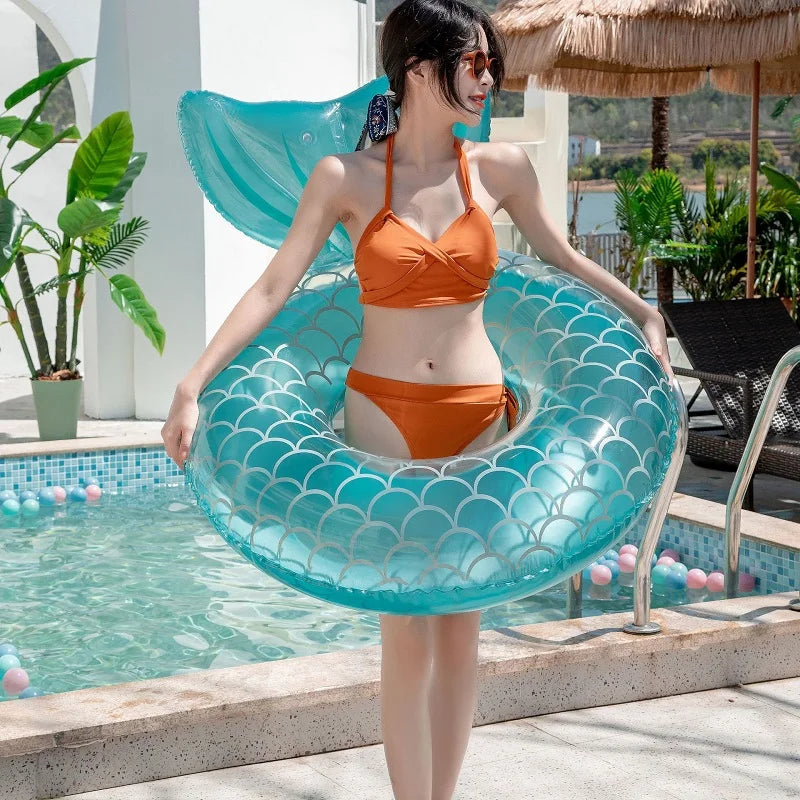 Anillo inflable de sirena con respaldo, flotador para piscina para adultos, adolescentes y niños, tubo para juegos acuáticos, colchoneta para nadar y juguetes para piscina.