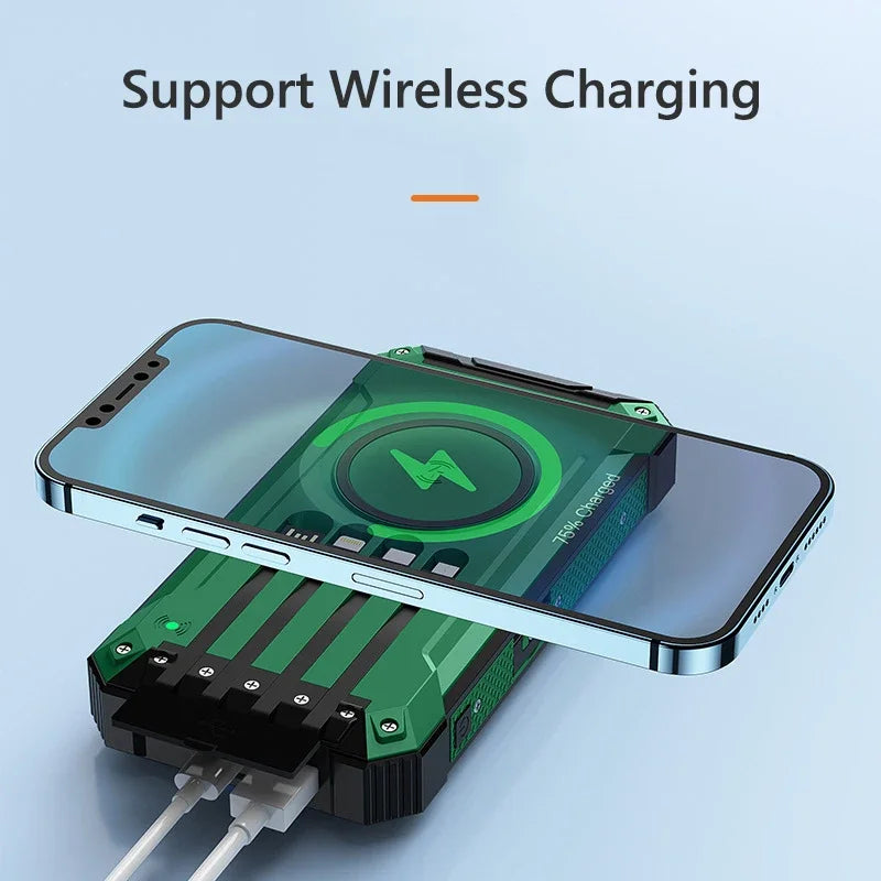 10000/20000mAh Wireless Solar Power Bank with LED Light&Cables-Waterproof/Shockproof