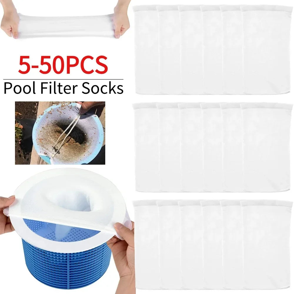 5-50pcs Calcetines para Desnatador de Piscina Diseño de Malla de Nylon Elástica Detritos de Estanque Hojas Filtros Cesta Desnatadores Accesorios para Piscina