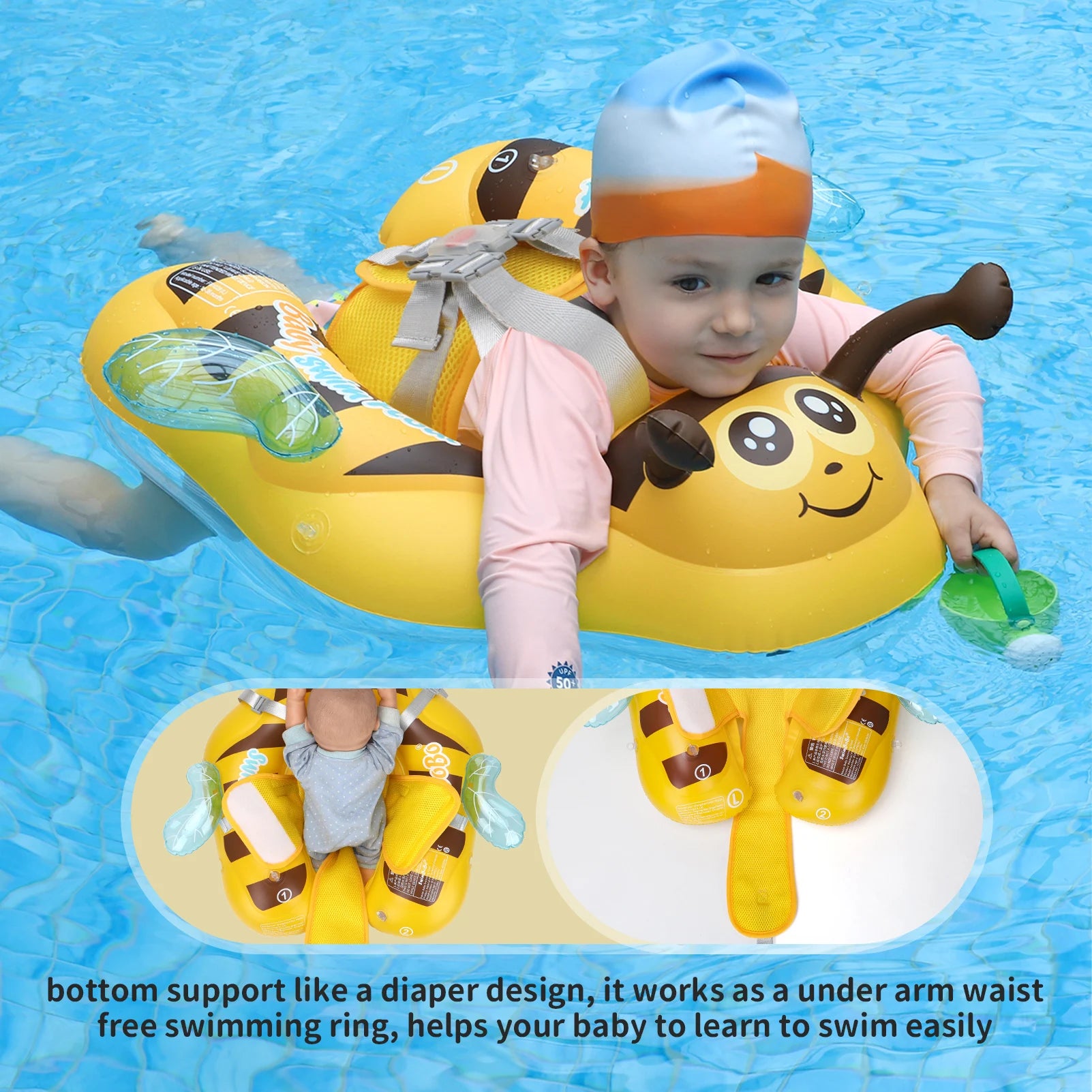 Yellow Bee Baby Swimming Float with Sun Canopy Soft Seat Inflatable Sw ...