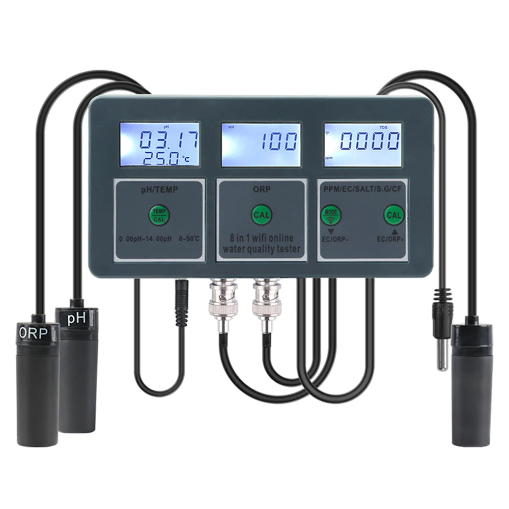 Tester de Calidad de Agua 8 en 1 Tuya WiFi S.G/PH/EC/ORP/TDS/CF/SAL/TEMP Analizador de Medición Detector de Calidad de Agua DIY Monitor de Agua con Retroiluminación LCD