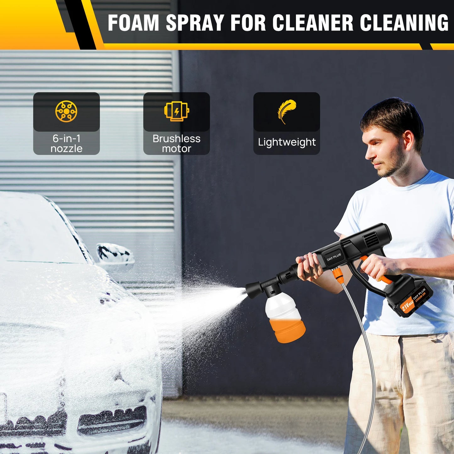 21V 3000mAh Cordless High-Pressure Car Washer with 6-in-1 Nozzle, 150Bar/2000PSI, 270L/H Flow Rate