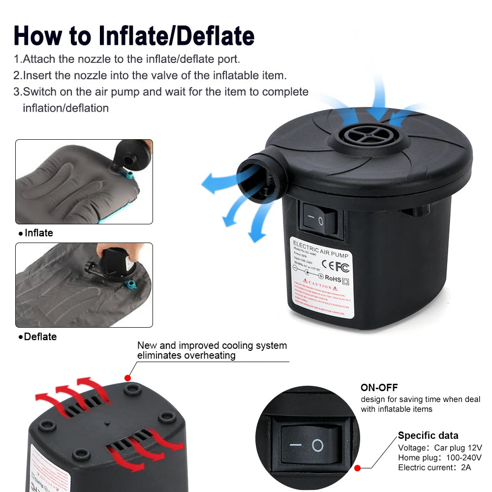 Tragbare elektrische Luftpumpe 160 W AC/DC zum Aufpumpen/Entleeren von Luftmatratzen, Schlauchbooten, Schwimmbecken und Campingausrüstung
