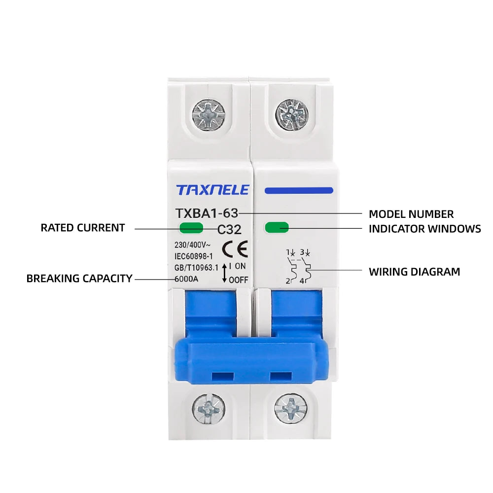 MCB 1P 2P 230V 400V 6KA Interruttore Automatico Mini 6A 10A 16A 20A 32A 40A 50A 63A Protezione da Sovraccarico e Cortocircuito