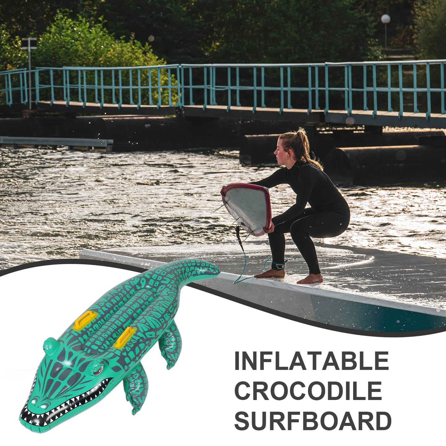 Aufblasbares Alligator-Pool-Float-Surfbrett für Kinder, PVC-Schwimm-Matte, auslaufsicheres, tragbares Strand-Wasserbrett mit Schnellventil