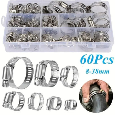 60pcs Stainless Steel Hose Clamps Adjustable Pipe Clips Set 8 to 38mm for Plumbing and Automotive Use