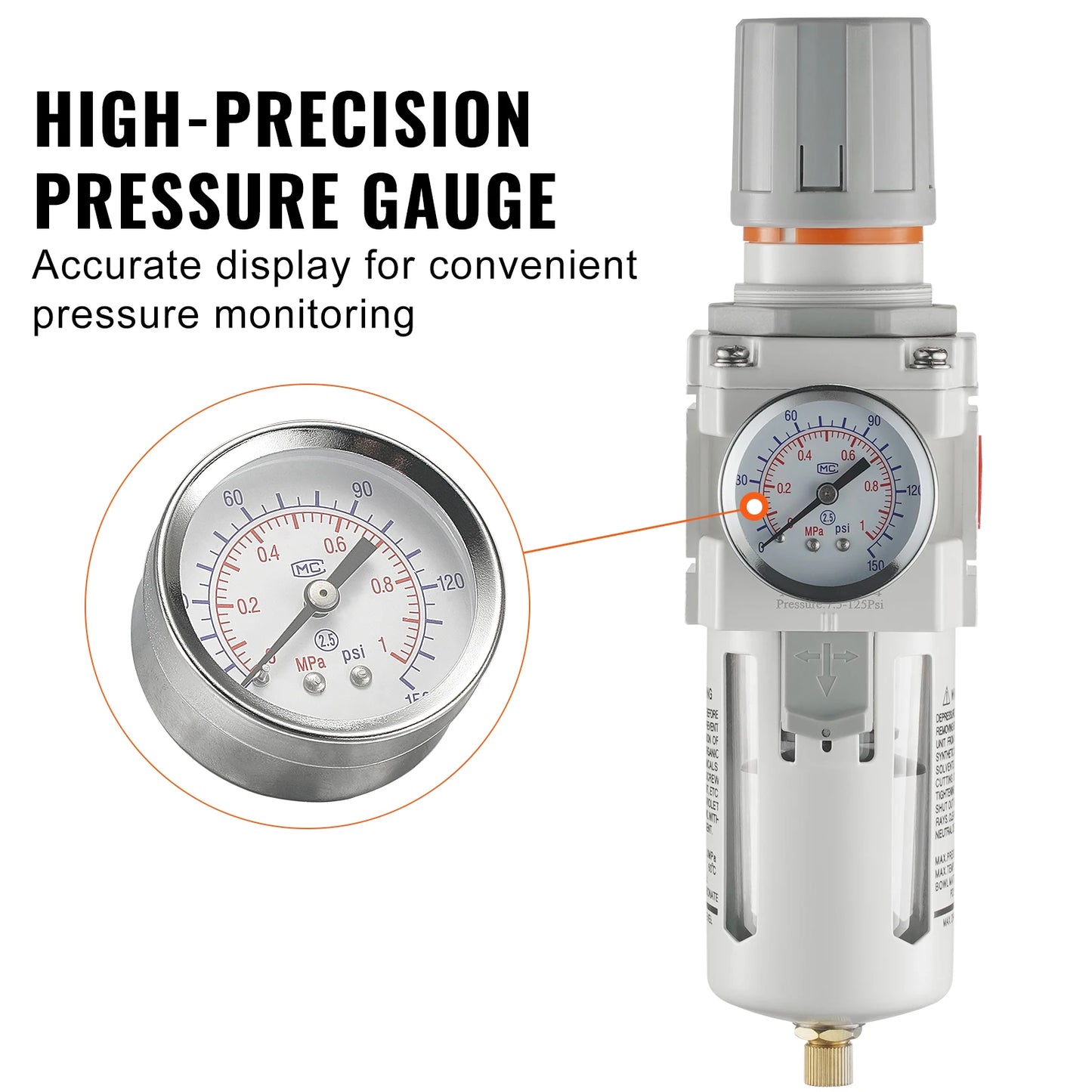 VEVOR Filtr kompresora powietrza 1/2" Jednostopniowy Półautomatyczny Osuszacz powietrza Separator wody z mosiężnym elementem filtrującym Regulator ciśnienia