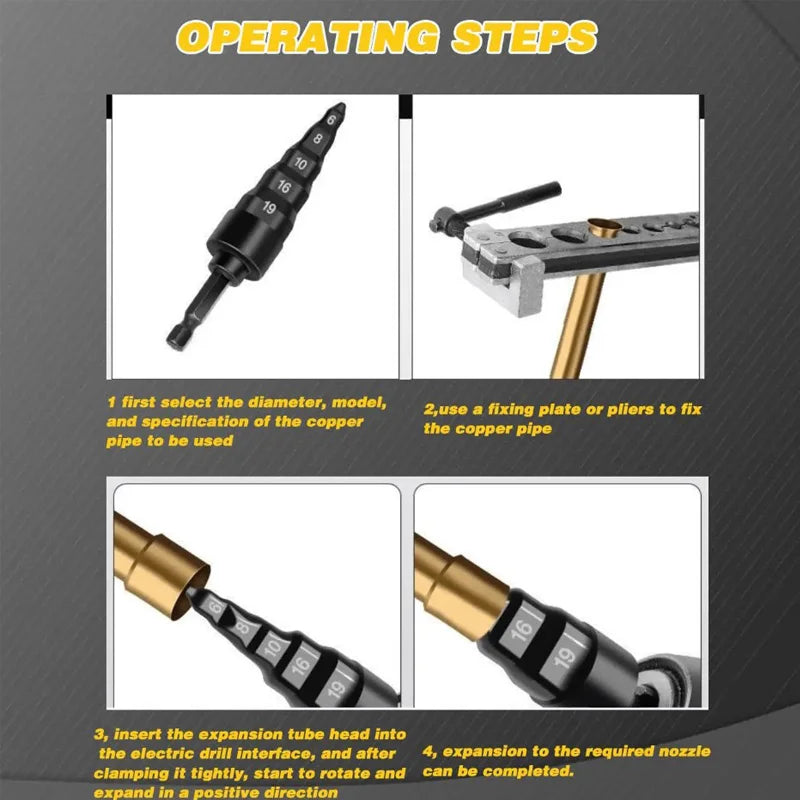 5 In 1 HVAC Repair Tool: Air Conditioner Copper Pipe Expander Swaging Drill Bit Set for Soft Copper Tubing