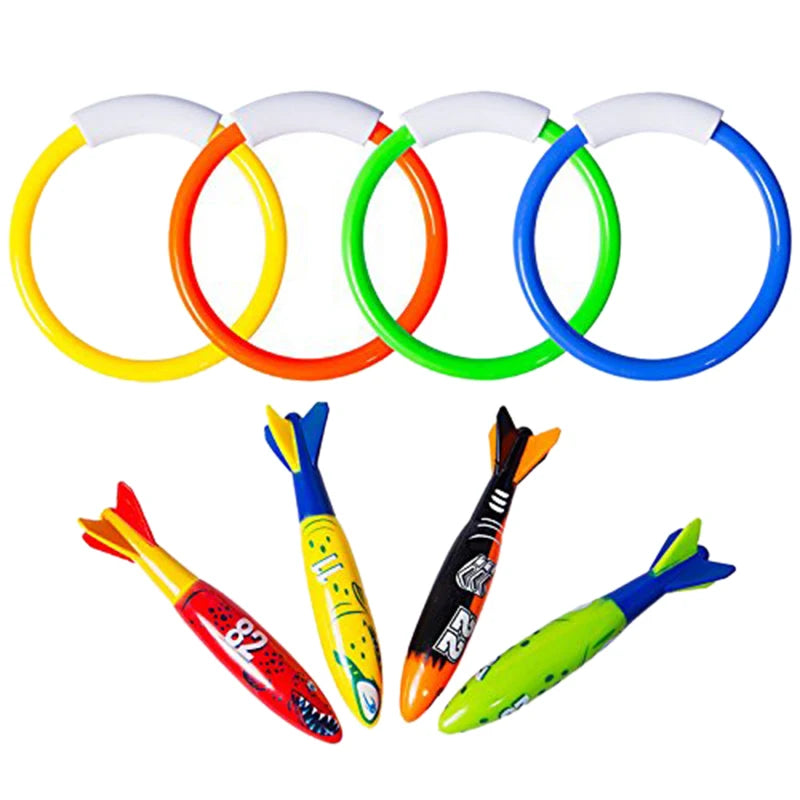8 Pcs Underwater Swimming Pool Diving Toys Set – Rings & Torpedo Bandits