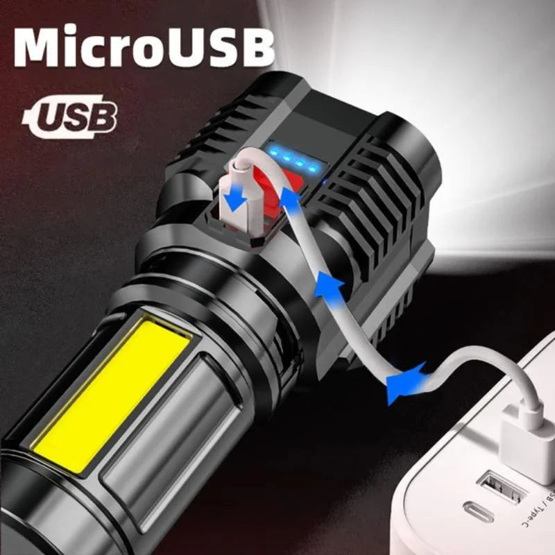 Ładowalny przez USB reflektor LED: Wodoodporna super jasna latarka z 4 trybami